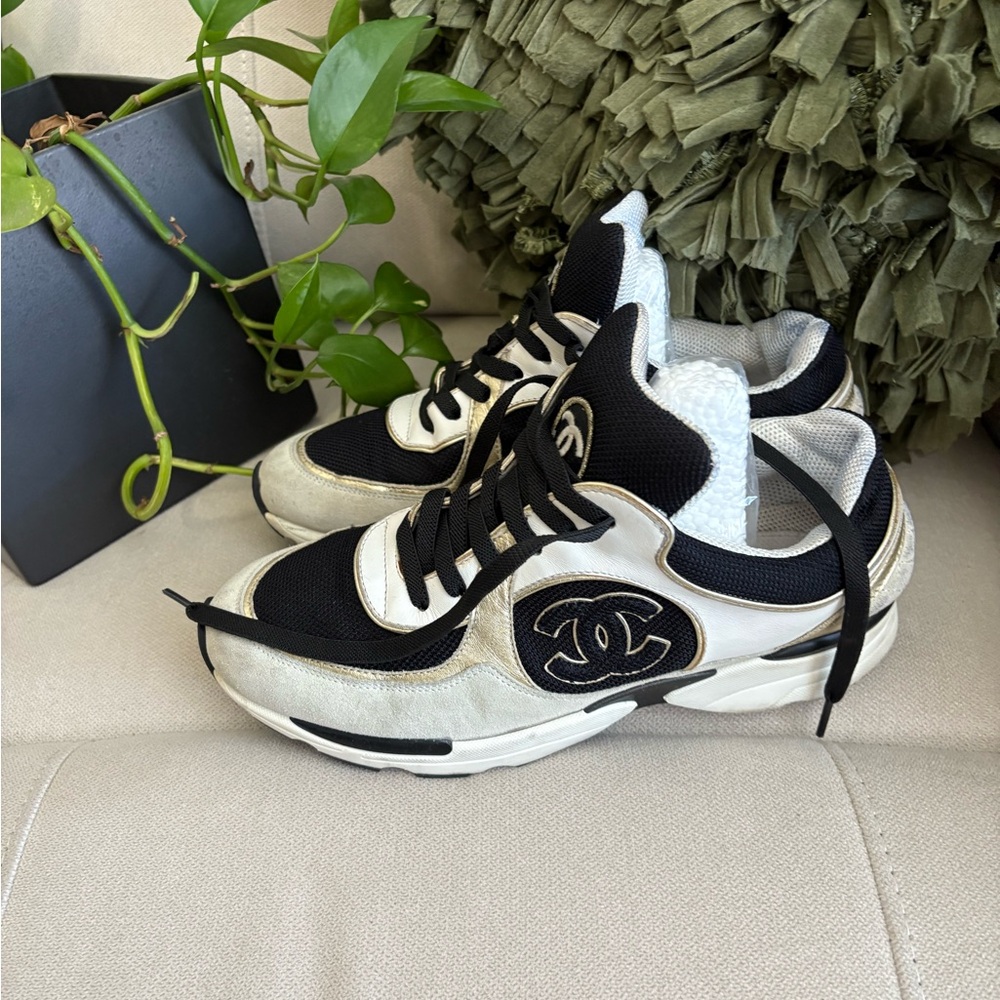 CHANEL Black and Cream Sneakers